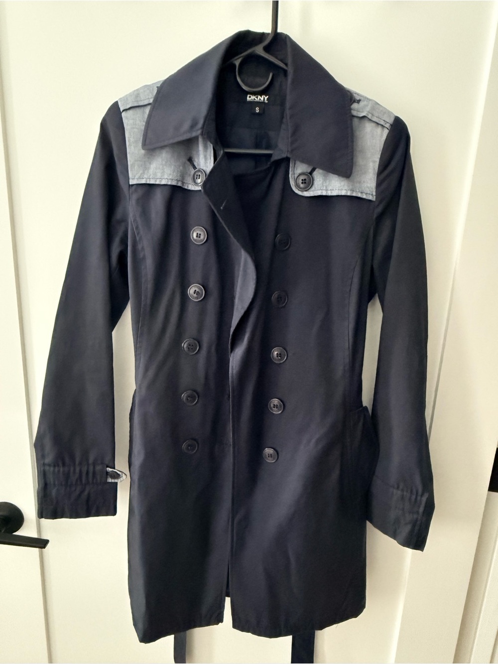 DKNY Women's Navy Double-Breasted Trench Coat - Size S